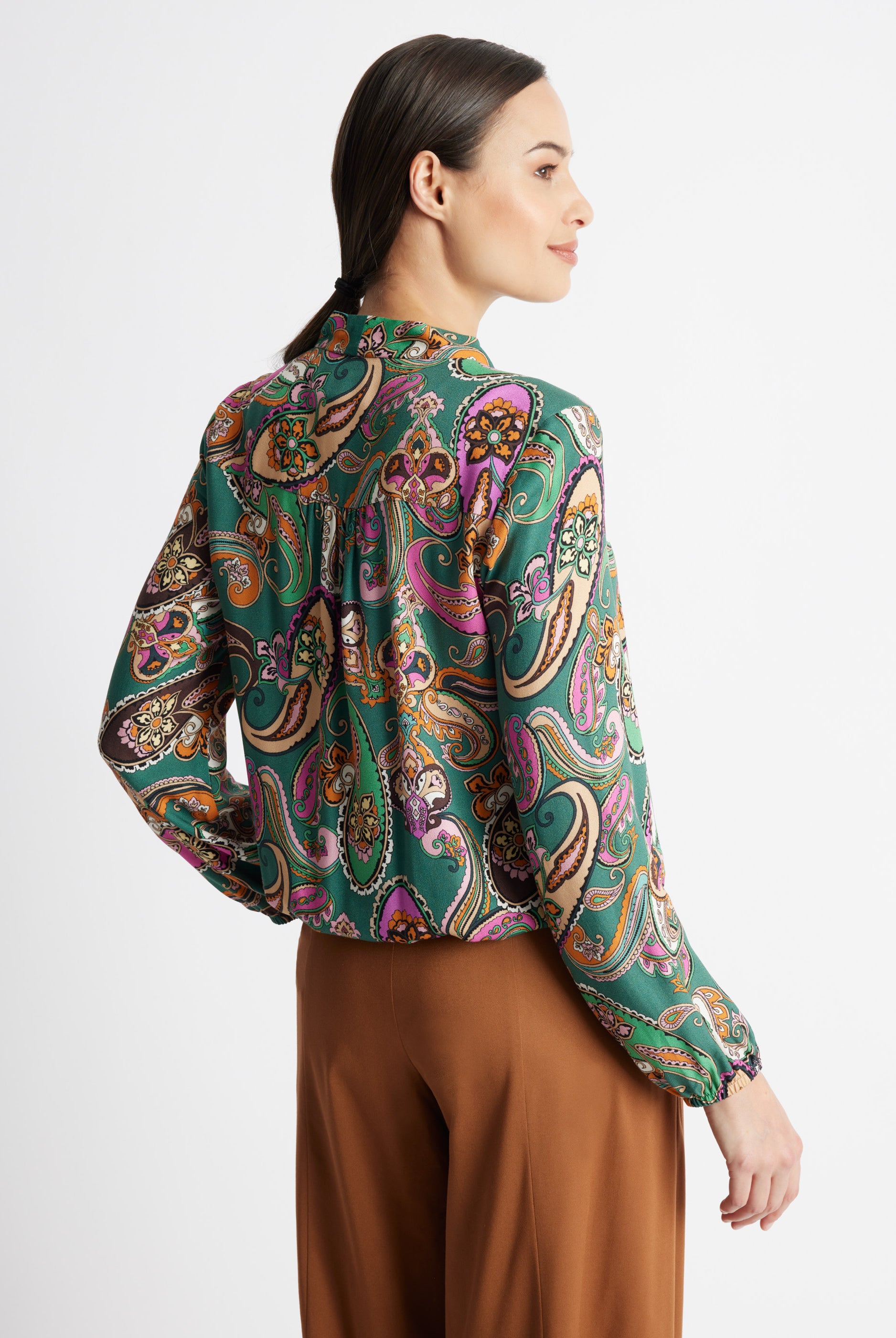 Legere Bluse VYBLUSA mit V-Ausschnitt, Bindedetail, elastischen Bündchen, langen Ärmeln und Muster in Grün