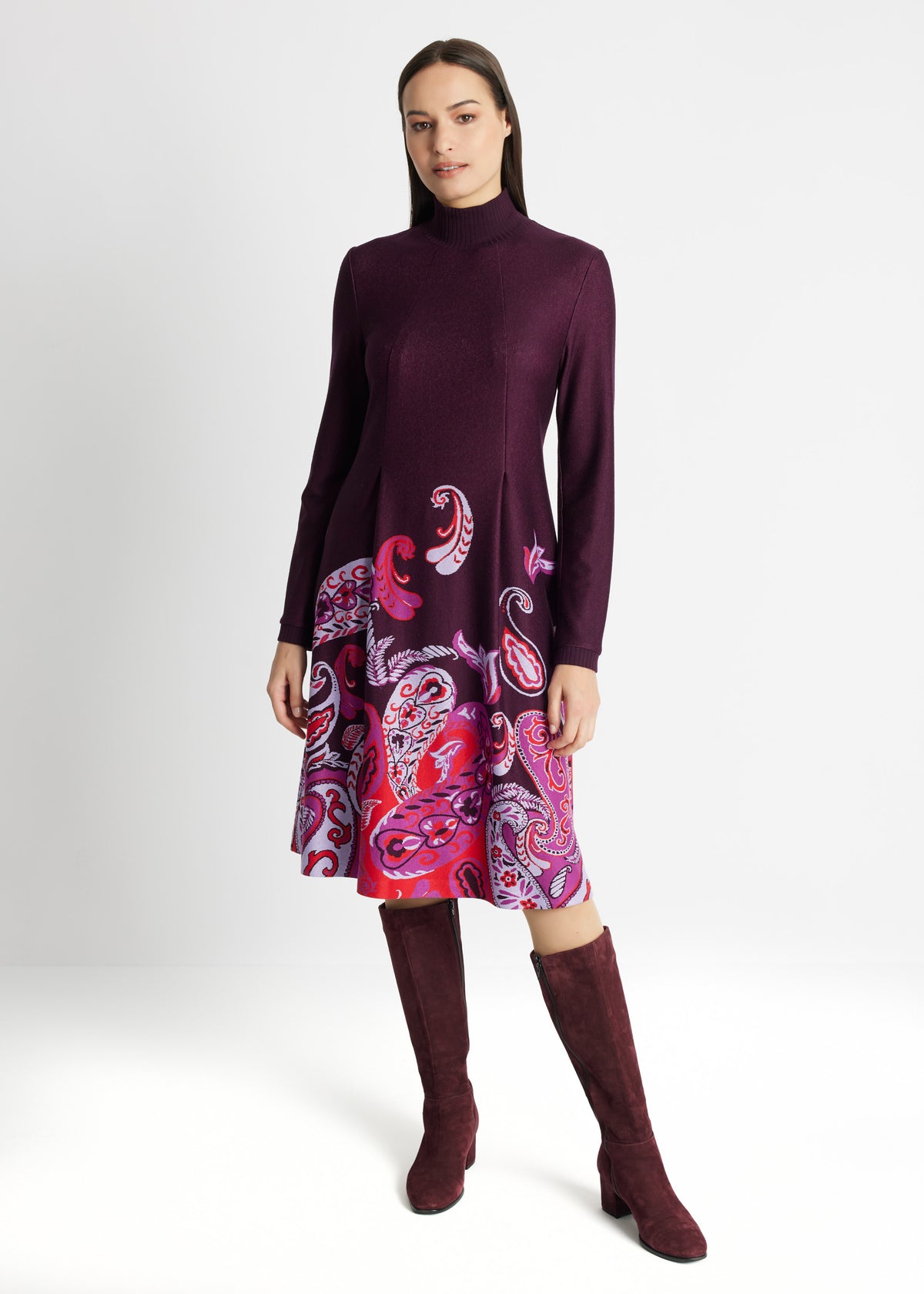 Midi-Kleid YIQUINA in A-Linie mit Stehkragen, Reißverschluss hinten, langen Ärmeln und Muster in Lila