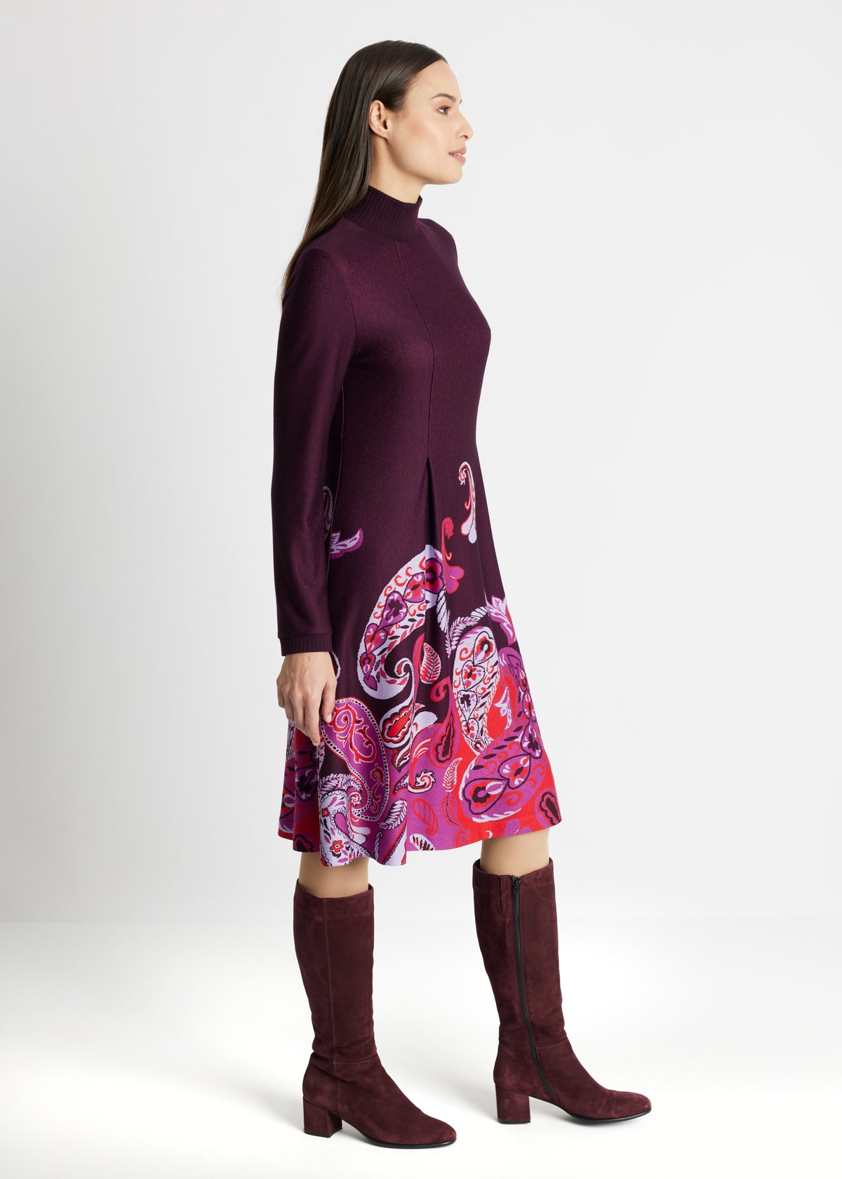 Midi-Kleid YIQUINA in A-Linie mit Stehkragen, Reißverschluss hinten, langen Ärmeln und Muster in Lila