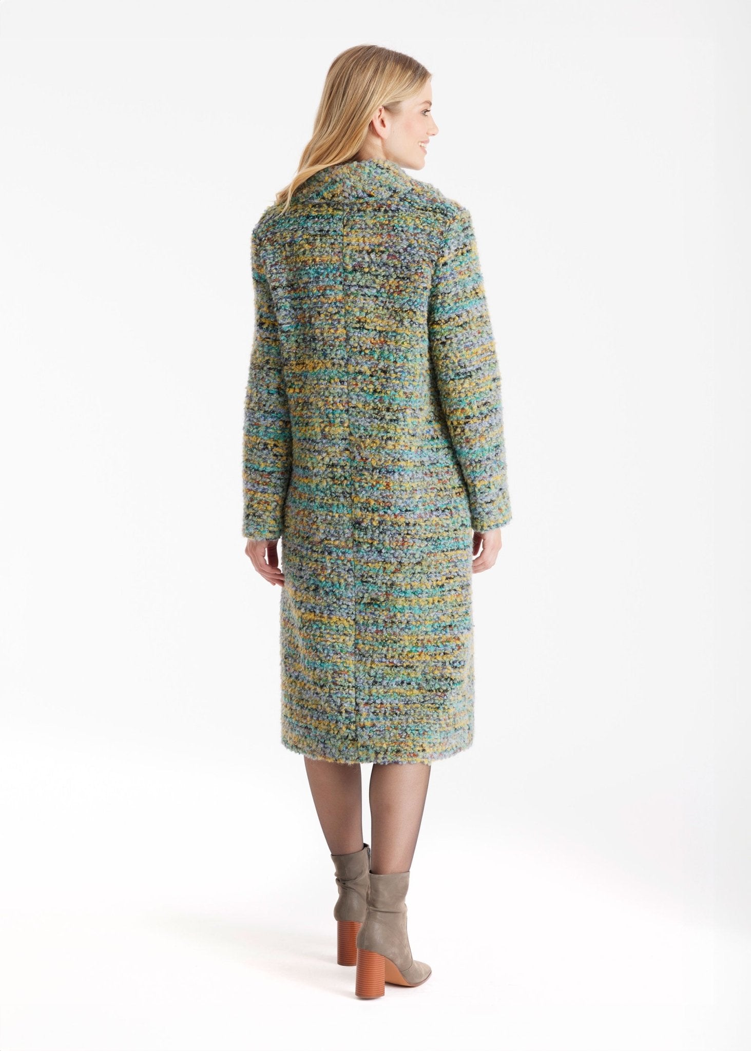 Langer Mantel MISSELINA mit Kragen und Knopfleiste aus Multicolor-Bouclé in Türkis und Gelb