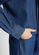 Legere Bluse NABLUES mit erhöhtem Kragen, Bindedetail, Knopfleiste und langen, weiten Ärmeln in Dunkelblau