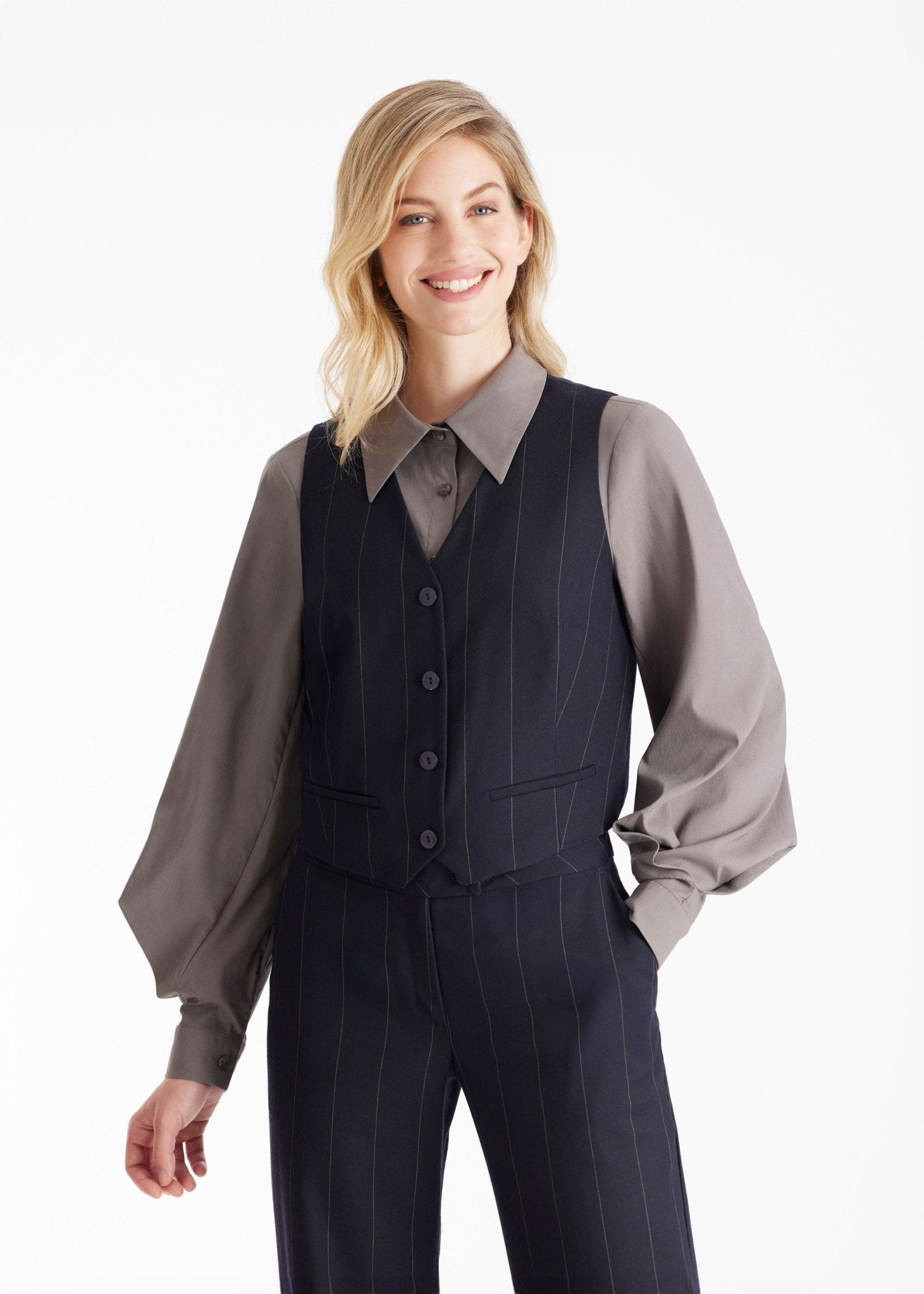 Anzugweste TESCAWE mit V-Ausschnitt, Knöpfen und Nadelstreifen in Dunkelblau