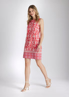 Kurzes, ärmelloses Kleid EDUNADA mit Rundhalsausschnitt und A-Linien-Form in rotem Jacquard