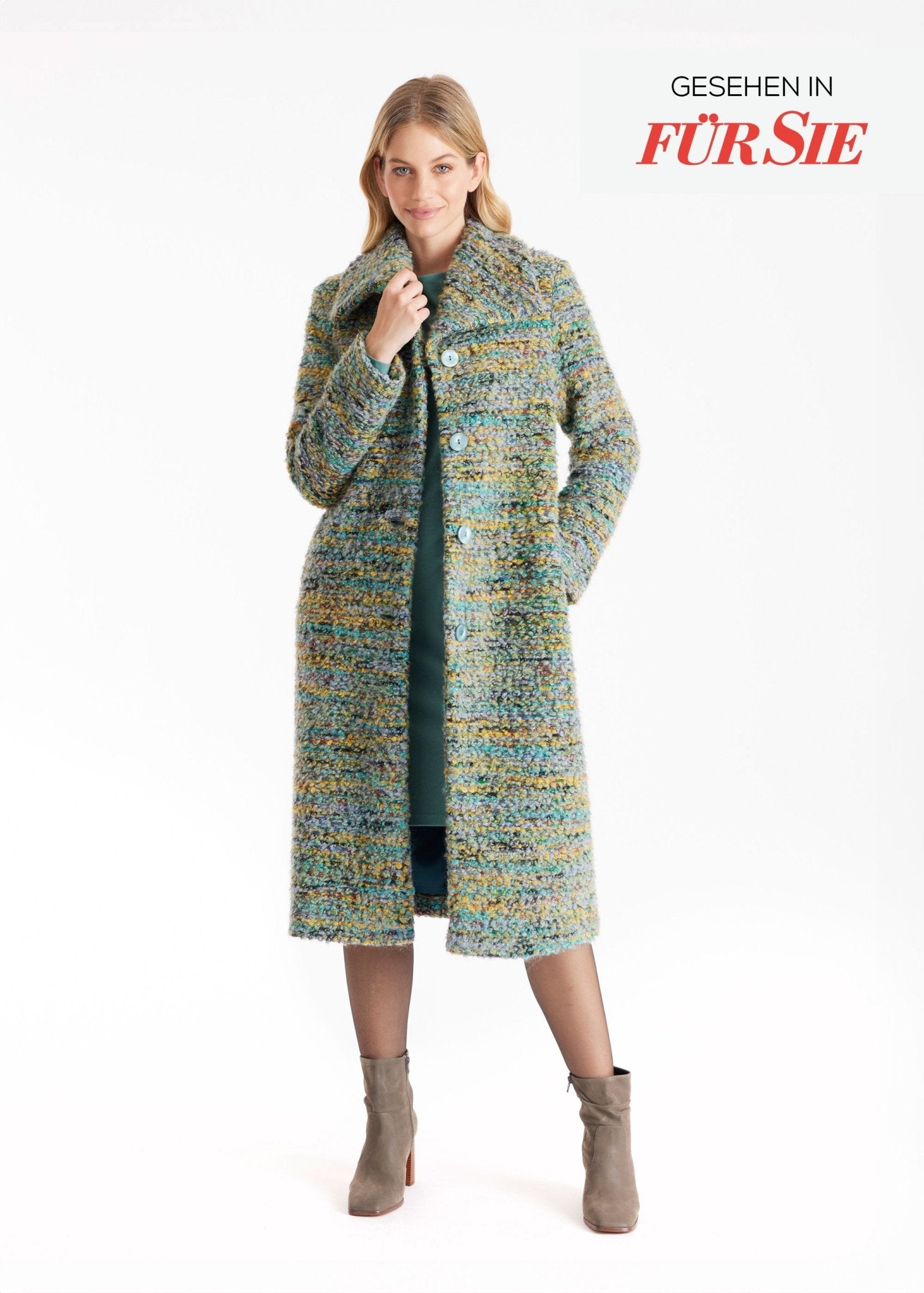 Langer Mantel MISSELINA mit Kragen und Knopfleiste aus Multicolor-Bouclé in Türkis und Gelb